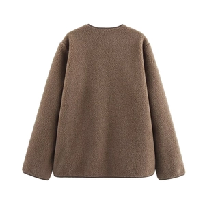 Back view of a casual brown fleece jacket with warm textured fabric on white background