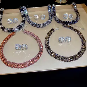 Women French Luxury Necklace And Earrings Jewelry With Rhinestone Crystals And 925 Sterling Silver Earring Post Wedding
