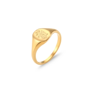 Anillo de sello vintage de acero inoxidable bañado en oro de 18K con hojas grabadas