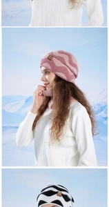 Detail of winter knitted hat and neck warmer set with wavy patterns and leather patch