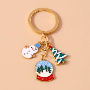 Christmas Snowman Tree Crystal Ball Enamel Keychain Gold Alloy Festive Holiday Bag Hanging Ornament Pendant