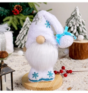 Detailed plush Christmas gnome with snowflake patterns in a winter scenery setting