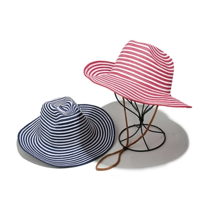 Outdoor striped paper straw Panama hats in red and blue with adjustable wind straps