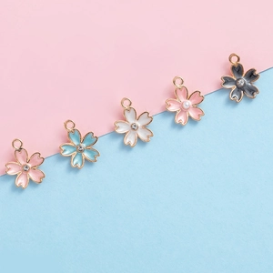 Handmade enamel cherry blossom charms with rhinestones in multiple colors for DIY bracelets