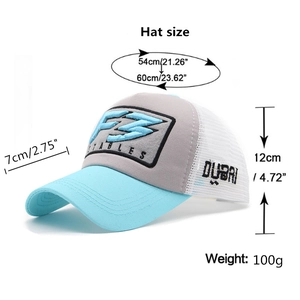 Mesh trucker baseball cap with F3 embroidery and Dubai detail on white background
