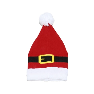 Close-up of knit Santa hat featuring a black belt pattern and white plush pom-pom
