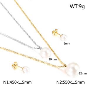 Detailed size chart for the gold and silver double-layer pearl necklace and stud earrings set