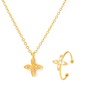 18k gold plated stainless steel jewelry set with clover pendant necklace and ear cuff