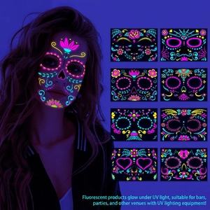 Autocollants Tatouage Visage Fluorescents UV Glow Néon Temporaires Halloween Jour Des Morts Crâne Floral Étanche Assortiment