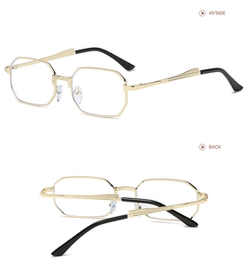 Detailed views of gold polygonal metal glasses frames with black temple tips