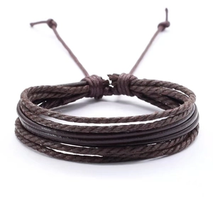 Men's dark brown multilayer braided leather bracelet with adjustable cord closure