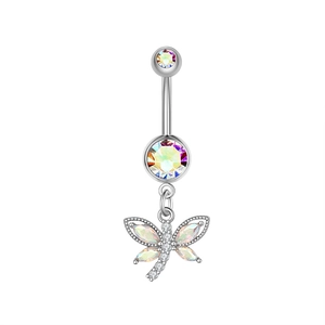 Dragonfly navel ring in silver finish with iridescent gemstones and white zircon accents