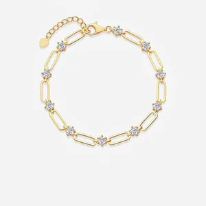 Round Cut Moissanite 925 Sterling Silver Bracelet Gold Plated Paperclip Chain Heart Pendant Fashion Jewelry Gift For Women