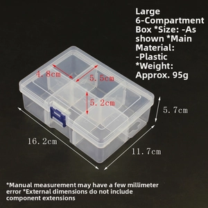 6-grid clear plastic storage box with blue buckles and detailed size measurements