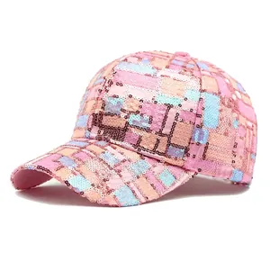Pink and blue sequin checkered baseball cap with a sparkling curved brim design