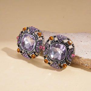 Retro baroque square purple crystal stud earrings with vintage silver hollow design