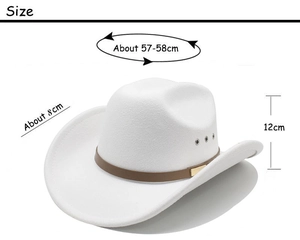 Detailed size specifications for white western cowboy hat with leather band measurements