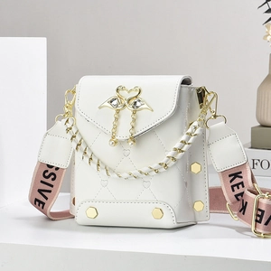 White quilted crossbody bag with golden swan charm and pink KEEP SIVE strap for women