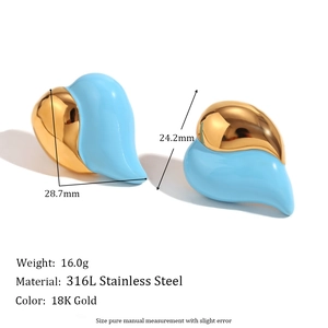 18K gold plated stainless steel heart earrings in sky blue enamel with size markers