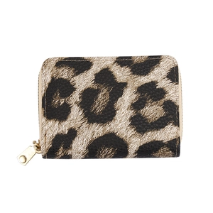 Leopard print multi-slot card holder wallet with textured leather and gold zipper