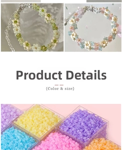 Detail view of handmade floral beaded bracelets with multi-color acrylic 4mm beads