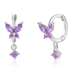 925 sterling silver butterfly hoop earrings with purple zircon stones on white background