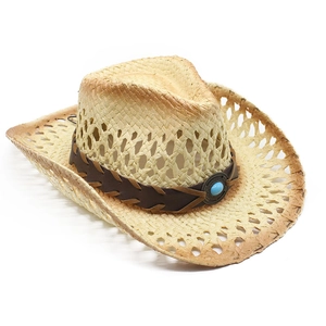 Breathable western straw cowboy hat with vintage burnt edge and turquoise buckle