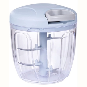 Manual food chopper with light blue lid and transparent container for garlic and vegetables