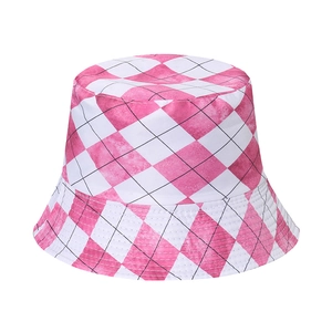 Pink and white geometric rhombus pattern cotton bucket hat for women in casual summer style