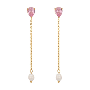 Detail of elegant gold drop earrings with pink pear-shaped zircon and white freshwater pearl