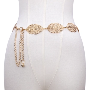 Elegant gold metal leaf waist chain belt with dangling pearl for women's dresses