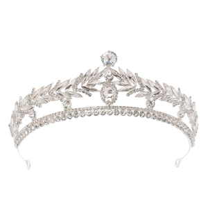 Silver vintage bridal crown with crystal leaf design and sparkling rhinestones
