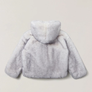 Detailed close-up of fluffy grey faux fur texture on a cropped hooded winter jacket