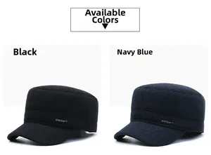Detail view of winter flat top caps for elderly men in black and navy blue with metal logo