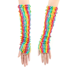 Close-up of rainbow striped fishnet arm warmer gloves with hollow-out knit texture