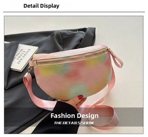 Detailed macro view of rainbow macaron gradient chest bag with litchi grain texture