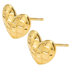 Detail view showing gold heart earrings with quilted texture in 304 stainless steel