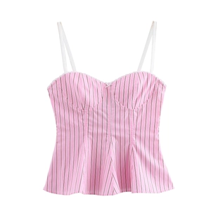 Pink Striped Lace Trim Camisole Top Sweetheart Neck Slim Fit Girly Summer Sleeveless Polyester Thin Straps Sweet