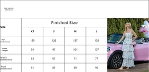 Size chart for floral chiffon tiered dress with detailed measurements for XS to L
