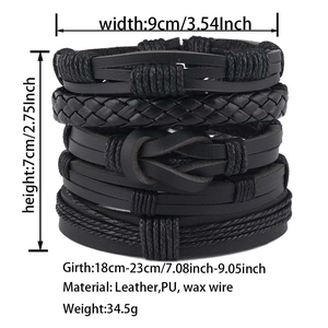 Detailed dimensions of multi-layer braided leather men's bracelet on white background