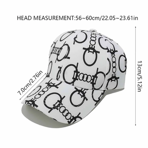 Detailed view of white baseball cap with black chain print and size specifications