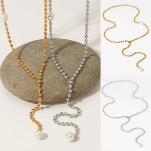 Minimalist Y-Shaped Lariat Necklace Stainless Steel Artificial Pearl Long Ball Chain Waterproof Jewelry For Women Elegant Accessory
