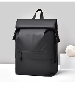 Front view of black roll-top waterproof laptop backpack with a sleek minimalist design