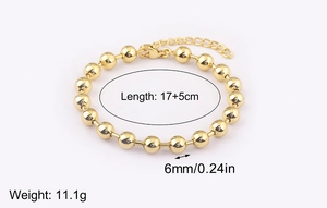 Detailed view of 18k gold plated beaded bracelet with dimensions and clasp structure