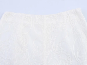 Macro shot of white French style lace shorts with intricate paisley embroidery details