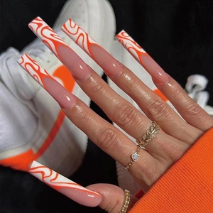 Coffin Press On Nails Orange Wave Pattern Glossy French Style Artificial Finger Nails With Adhesive