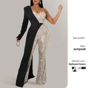 Women Asymmetric Single Sleeve Sequin Jumpsuit Patchwork Blazer Collar Wide Leg Party Elegant Evening Jumpsuit
