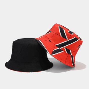 Detail of reversible bucket hat showing black side and red white geometric pattern