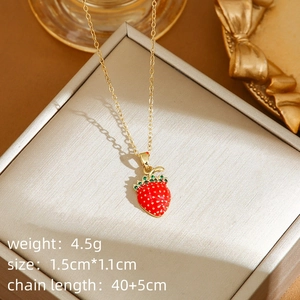 Chic red strawberry enamel necklace with green leaf and adjustable gold chain for women