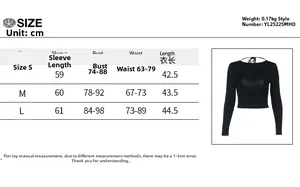 Size chart for backless long sleeve top showing measurements in cm for sizes S, M, and L